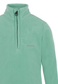 Pullover in pile verde menta con colletto a mezza cerniera, tessuto testurizzato e un logo ricamato discreto sul lato sinistro.