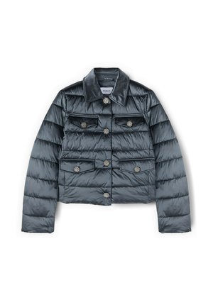 Doudoune courte noire brillante avec col large, quatre poches à rabat et boutons floraux argentés ornés en façade et sur les poches.