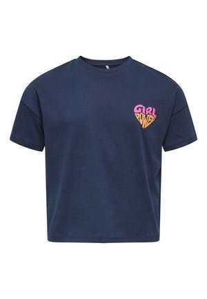 T-shirt court bleu marine à manches courtes, avec un petit texte « GIRL POWER » rose et orange sur la partie supérieure gauche de la poitrine.
