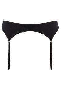 Ce porte-jarretelles en dentelle noire présente une texture lisse, avec des sangles ajustables et des détails en dentelle le long des bords. Design simple et épuré.