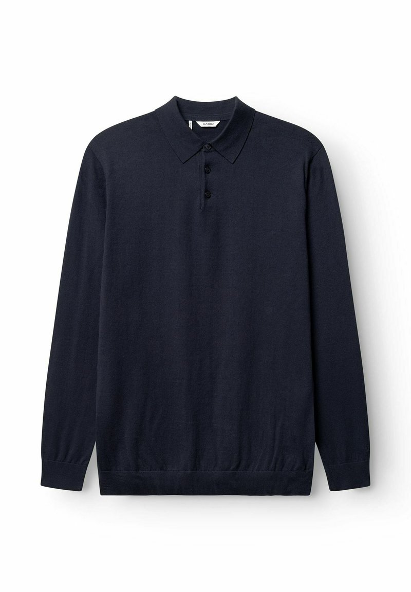 Polo cu mânecă lungă de culoare marină, fabricat dintr-un material moale, având un guler clasic, placket cu trei butoane și mansete și tiv cu elastic.