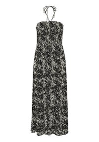 Robe maxi sans manches en noir et blanc avec un corsage froncé, une jupe longue et fluide, et un motif abstrait sur l'ensemble. Tissu léger.