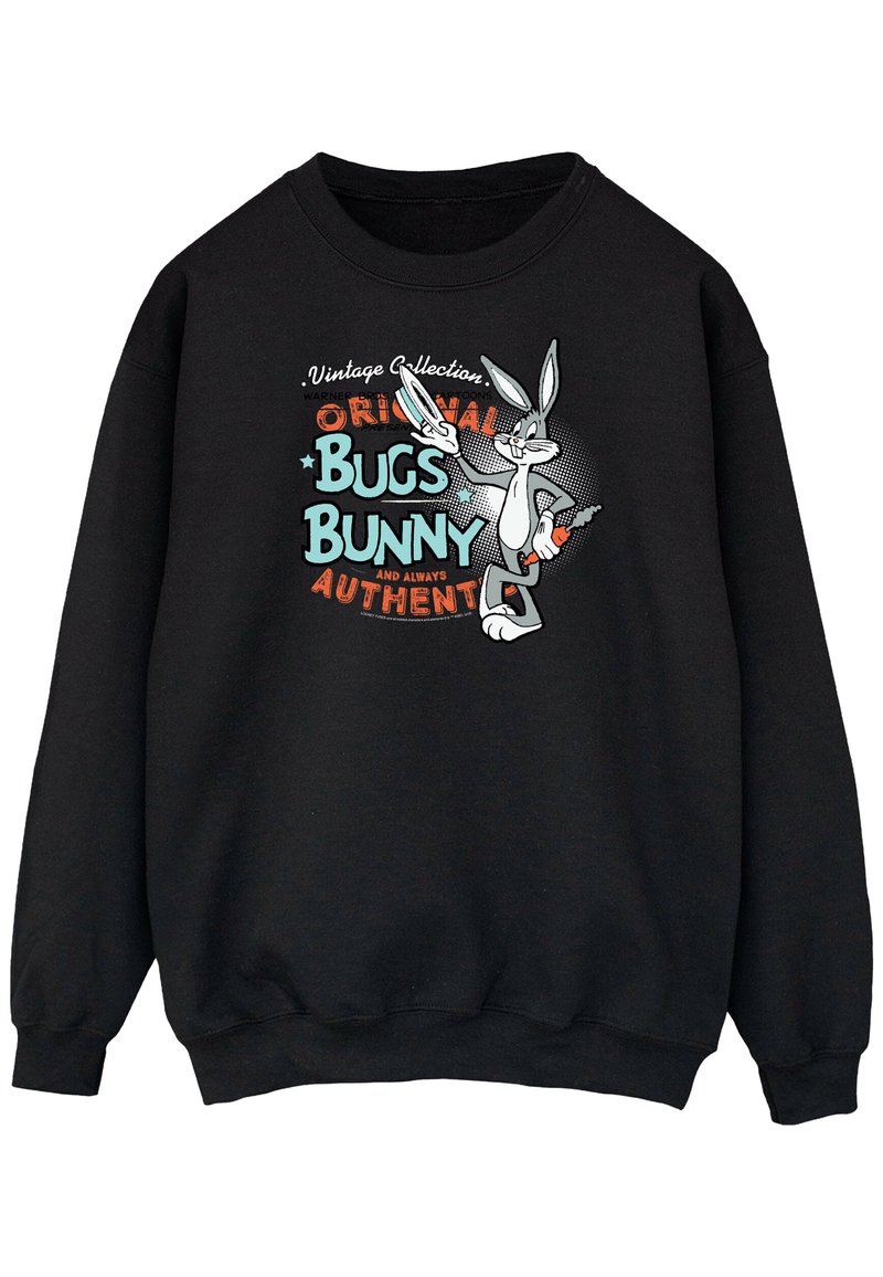 Black sweatshirt featuring a Bugs Bunny graphic in gray and teal, with "Vintage Collection" and "Original Bugs Bunny" text in red and white.