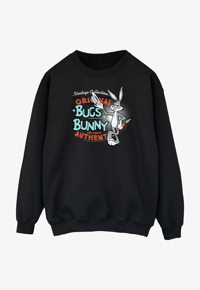 Black sweatshirt featuring a Bugs Bunny graphic in gray and teal, with "Vintage Collection" and "Original Bugs Bunny" text in red and white.