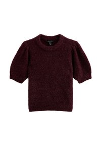 Burgundowy sweter krótko rękawowy z okrągłym dekoltem. Miękka, puszysta tekstura i bufiaste rękawy. Prosty, jednolity design bez wzorów.