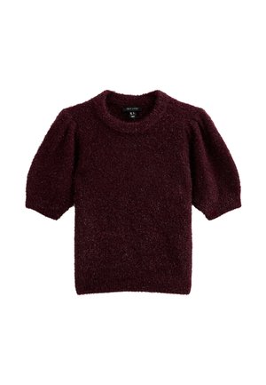 Jersey burdeos de manga corta con escote redondo. Textura suave y esponjosa con mangas abullonadas. Diseño sencillo y sólido sin patrones.