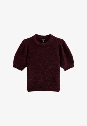 Jersey burdeos de manga corta con escote redondo. Textura suave y esponjosa con mangas abullonadas. Diseño sencillo y sólido sin patrones.