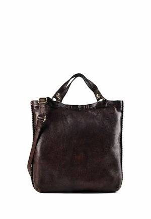 Borsa a mano in pelle marrone scuro con manici corti e tracolla regolabile, mostrata su sfondo bianco.
