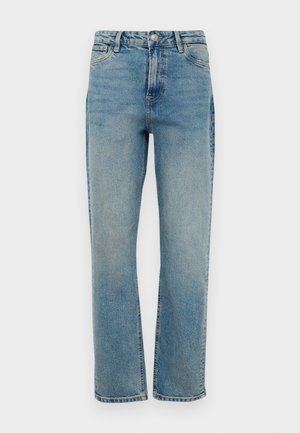 Lys blå denimjeans med rett passform, med et klassisk fem-lommers design, metallknapplukking og subtil fading gjennom hele.