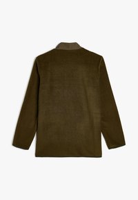 Oliwkowa, średniej wagi bluza polarowa o gładkiej strukturze, z długimi rękawami i kołnierzem. Jednolity kolor z czystymi liniami, bez widocznego osprzętu.