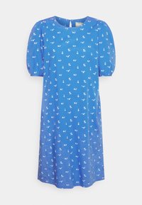 Vestido azul com mangas bufantes curtas, apresentando um padrão floral em branco. Feito de um tecido leve com um decote redondo e detalhe em forma de gota nas costas.