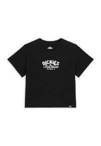 Černé bavlněné tričko s kulatým výstřihem, krátkými rukávy a bílým potiskem na přední straně s nápisem „DICKIES A LIFELONG COMPANION“.