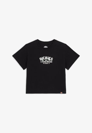 Sort bomulds T-shirt med rund halsudskæring, korte ærmer og et hvidt trykt logo med teksten "DICKIES A LIFELONG COMPANION" på forsiden.