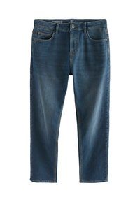 Sötétkék farmernadrág, egyenes szárú dizájn, elülső zsebbel, szabványos derékkal, fém gombbal és cipzáras záródással.