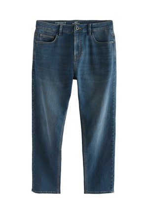 Jeans en denim de couleur bleu foncé, avec une coupe droite, dotés d'une poche avant et d'une taille standard avec un bouton en métal et une fermeture éclair.