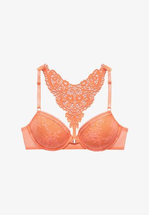 Reggiseno in pizzo e rete color corallo arancione con dettagli di ricamo floreale, coppe con ferretto e spalline regolabili. Presenta un design decorativo sul retro.