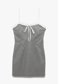 Czarna i biała sukienka mini w kratkę w stylu gingham z ramiączkami spaghetti, białą falbaniastą lamówką przy dekolcie oraz detalem związywania z przodu.