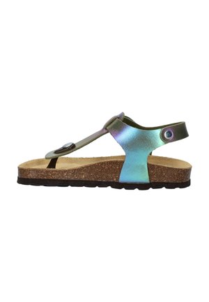 Metallisch groene en blauwe sandalen met een teenstuk-ontwerp, kurk voetbed en verstelbare band met een ronde accent. Rubberen zool met een getextureerd patroon.