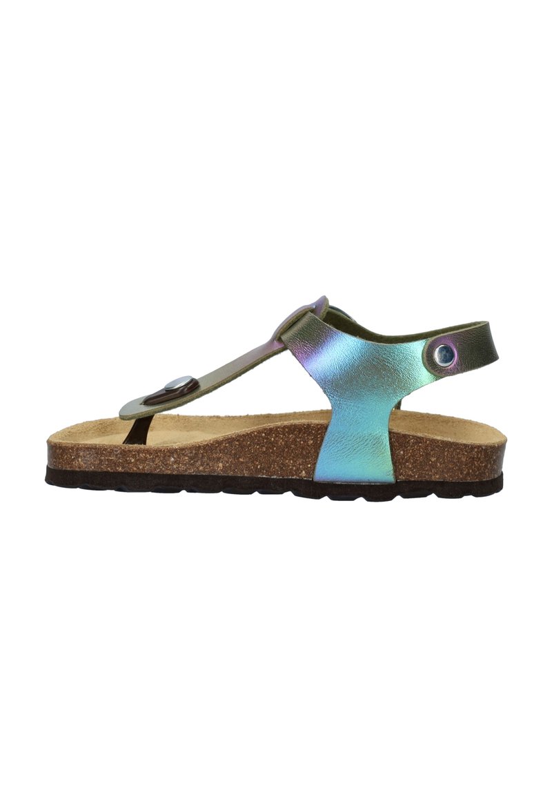 Metallisch groene en blauwe sandalen met een teenstuk-ontwerp, kurk voetbed en verstelbare band met een ronde accent. Rubberen zool met een getextureerd patroon.