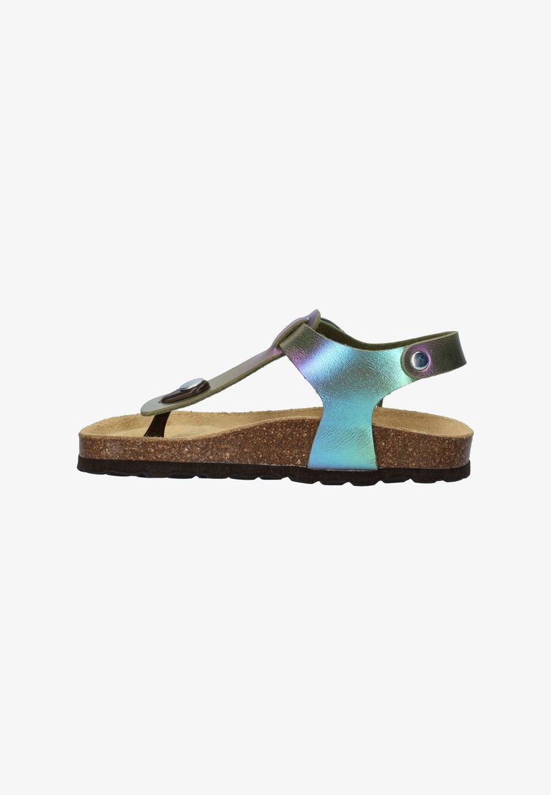 Metallisch groene en blauwe sandalen met een teenstuk-ontwerp, kurk voetbed en verstelbare band met een ronde accent. Rubberen zool met een getextureerd patroon.