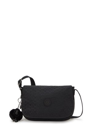 Black crossbody bag featuring a geometric pattern, a zip closure, and a plush pendant charm. Made of durable fabric with adjustable strap.