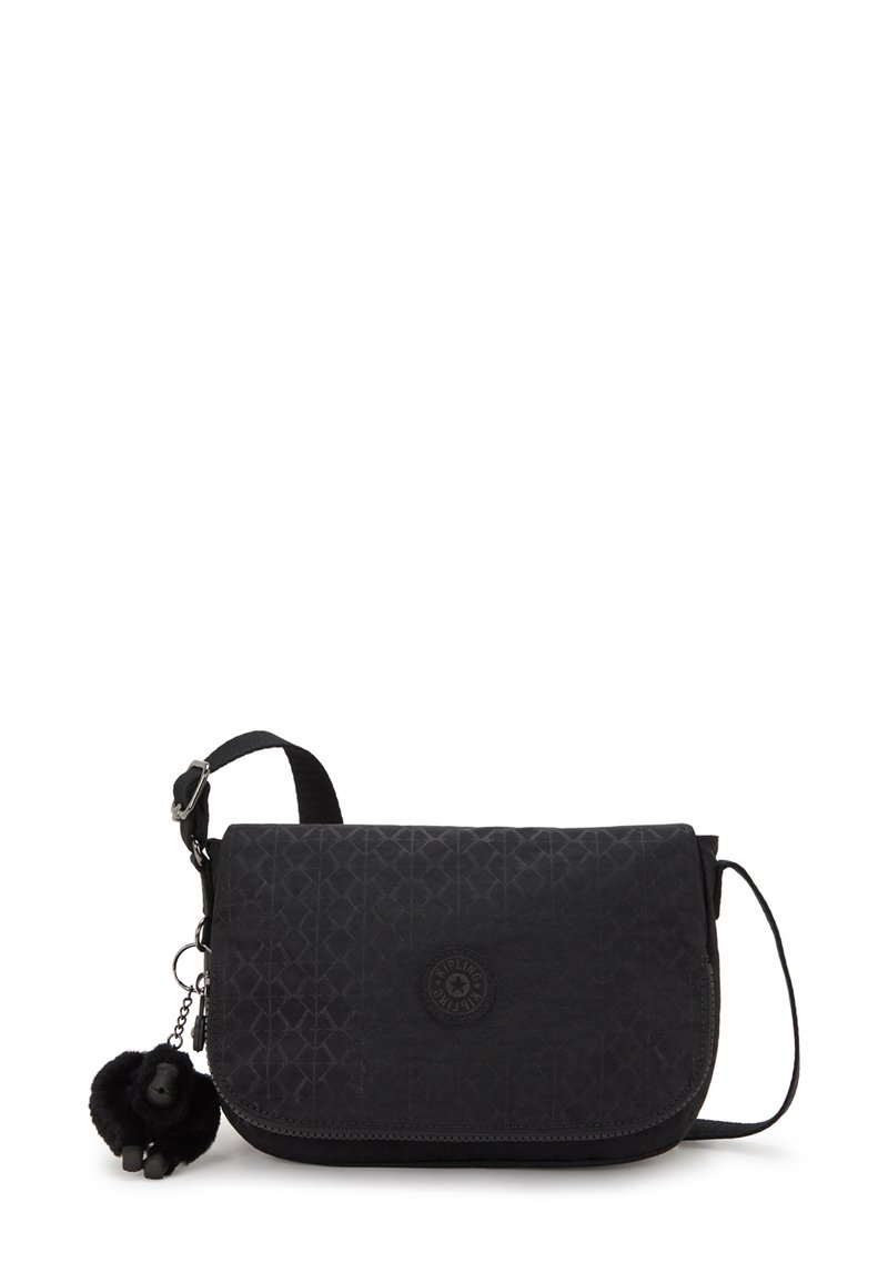 Borsa a tracolla nera con un motivo geometrico, chiusura con zip e un charm pendente morbido. Realizzata in tessuto resistente con una tracolla regolabile.