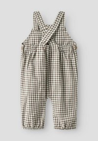 Brązowy i biały ogrodniczki w kratkę gingham z krzyżującymi się ramiączkami, elastycznymi mankietami i drewnianymi guzikami jako dodatkami. Bawełniana tkanina o luźnym kroju.