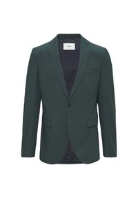 Dunkelgrüner Blazer mit Reverskragen, zwei vorderen Taschen und einer Brusttasche. Verfügt über einen Zwei-Knopf-Verschluss und ein elegantes Futter.