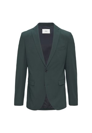 Dunkelgrüner Blazer mit Reverskragen, zwei vorderen Taschen und einer Brusttasche. Verfügt über einen Zwei-Knopf-Verschluss und ein elegantes Futter.