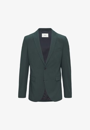 Blazer vert foncé avec revers crantés, deux poches avant et une poche poitrine. Dispose d'une fermeture à deux boutons et d'une doublure élégante.