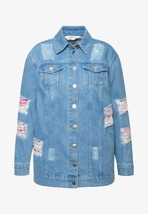 Hellblaues Denim-Jackett mit Knopfleiste, zwei Brusttaschen und abgenutzten Stellen. Verfügt über ausgefranste Kanten und eine lässige Passform.