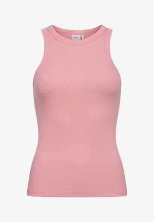 Varrukata lahtine soonikkoes topp pehmes roosas värvitoonis, ümar kaelusega ja kitsas lõikega.
