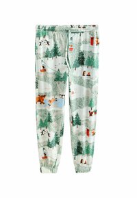 Pantaloni da pigiama a fantasia che presentano una scena invernale con alberi, animali e seggiovie. Tessuto morbido con vita elastica e polsini affusolati.