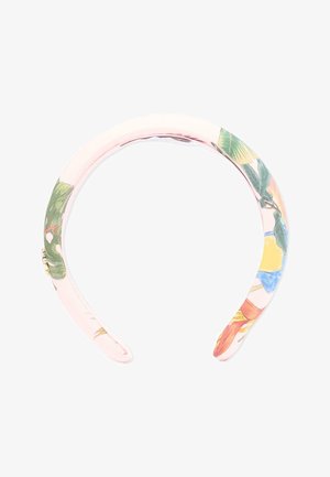 Bandeau en tissu rembourré avec des motifs floraux et de feuilles pastel sur fond rose clair, orné d'un petit ornement doré.