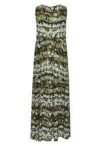 Robe maxi sans manches à motifs verts et blancs, présentant un design plissé et une coupe décontractée, fabriquée en tissu léger.