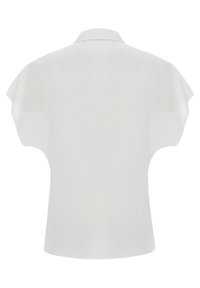 Blouse blanche à manches courtes avec une coupe ample et un petit col, montrée de dos sur fond blanc.