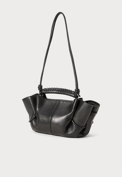 Black leather handbag with a structured shape, featuring a braided top handle and soft, gathered sides. Smooth texture and minimal hardware.