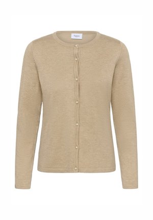 Vaaleanbeige neulepullover, jossa on pitkähihaiset hihat, pyöreä pääntie ja rivi koristeellisia nappeja edessä. Pehmeä, teksturoitu kangas.