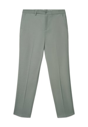 Hellgraue, maßgeschneiderte Hose mit Knopf- und Reißverschluss, Gürtelschlaufen und Seitentaschen, flach auf weißem Hintergrund präsentiert.