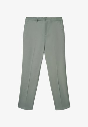 Hellgraue, maßgeschneiderte Hose mit Knopf- und Reißverschluss, Gürtelschlaufen und Seitentaschen, flach auf weißem Hintergrund präsentiert.