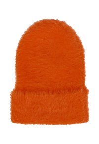 Berretto lavorato a maglia arancione realizzato in materiale morbido. Presenta una parte superiore arrotondata e un risvolto piegato, offrendo una texture soffice e un colore vivace.