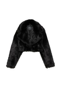 Svart fuskpälsjacka med kort längd, bred krage, strukturerad yta, långa ärmar och öppen framsida. Inre etikett synlig.