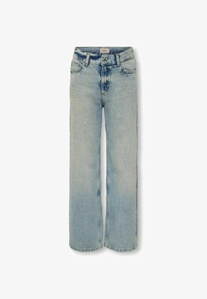 Lyseblå denim bukser med vide ben, høy livhøyde, front lommer og subtile dekorasjoner foran for detaljer.