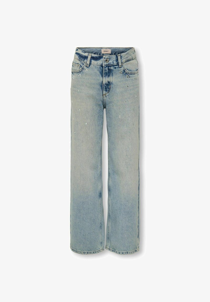 Gaiši zili denim platās kājas džinsi ar augstu vidukli, priekšējiem kabatām un smalkām rotājumā priekšpusē, lai piešķirtu detaļām raksturu.