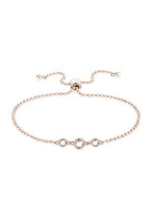Adjustable gold bracelet with bead chain design, featuring three clear, round crystals set in circular metal frames.