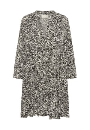 Robe à manches longues avec imprimé zèbre noir et blanc, col en V, ourlet à volants, longueur genou, tissu léger.