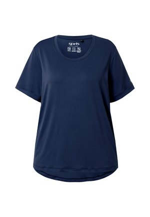 Marineblaues T-Shirt mit kurzen Ärmeln aus atmungsaktivem Material, mit rundem Ausschnitt und geradem Saum mit leicht abgerundetem Rücken.
