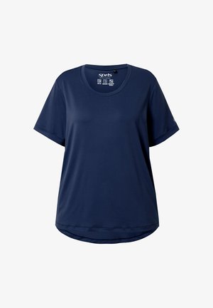 T-paita, jossa on lyhyet hihat, meri- tai laivastonsinistä väriltä ja hengittävästä kankaasta valmistettu, pyöreällä kaula-aukolla ja suoralinjaisella helmalla, jossa on hieman kaareva takaosa.