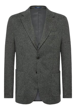 Blazer grigio a motivo houndstooth con colletto a revers, chiusura a un bottone e due tasche frontali. Interno foderato con texture liscia.