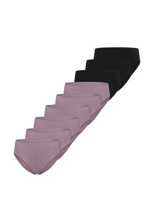 Syv lilla og tre sorte kvindelige bikiniunderdele arrangeret i en diagonal række på en hvid baggrund.